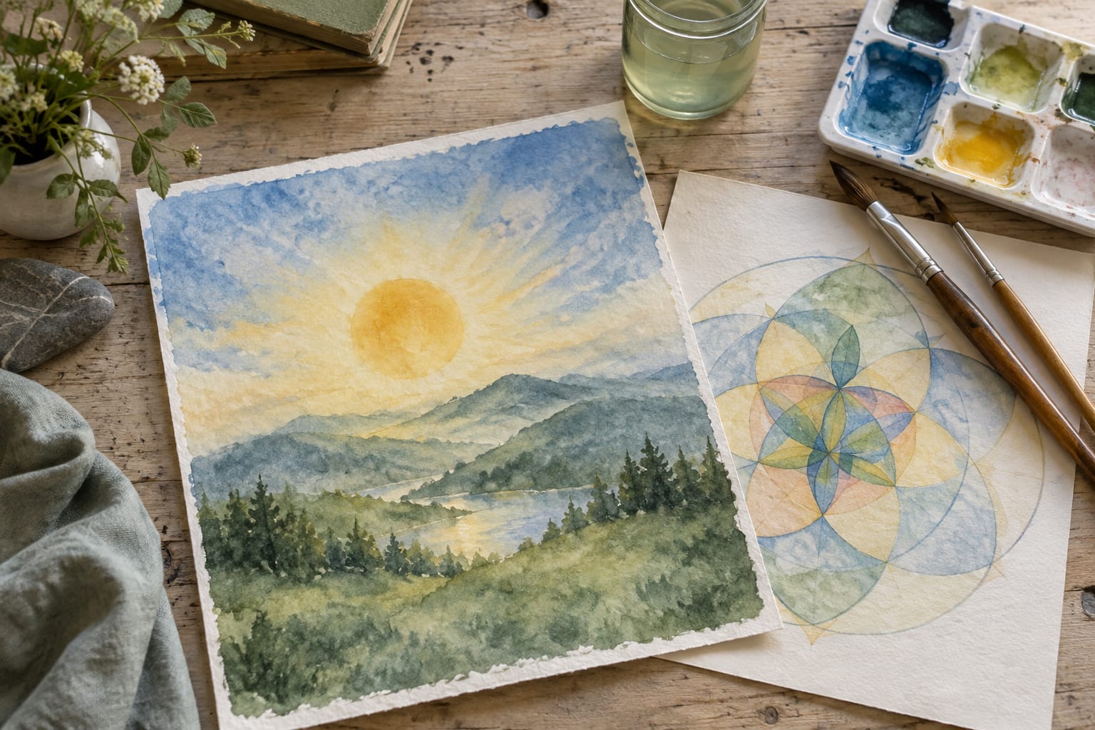 Watercolour studies of a sunlit landscape and overlapping geometric forms, with brushes and a paint palette.